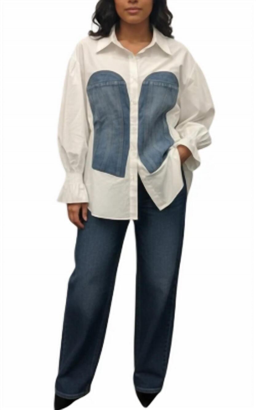 NEW GRACIA button down shirt with smock cuffs in white/denim